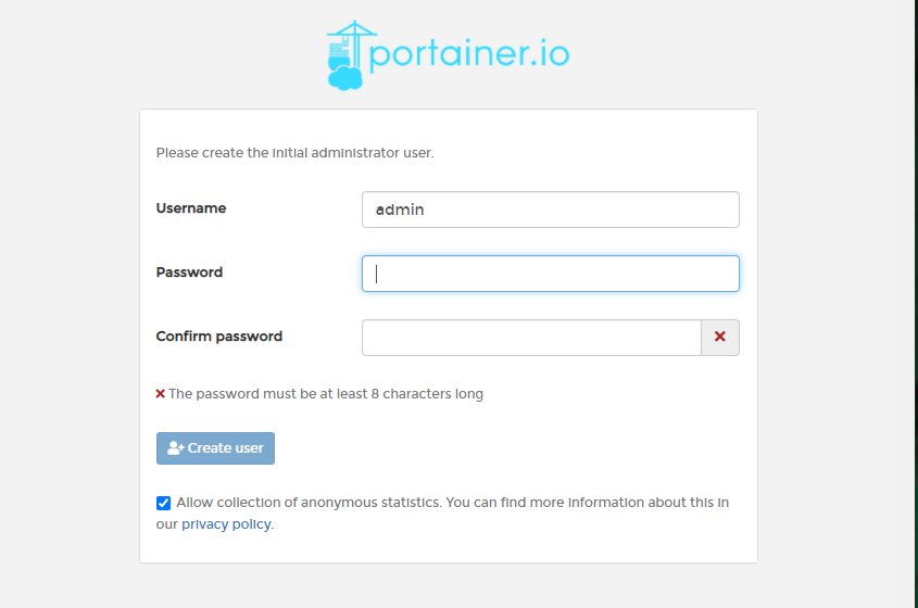 The Portainer initial page