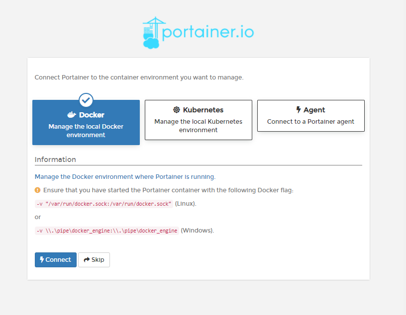 Selecting Portainer to use Docker