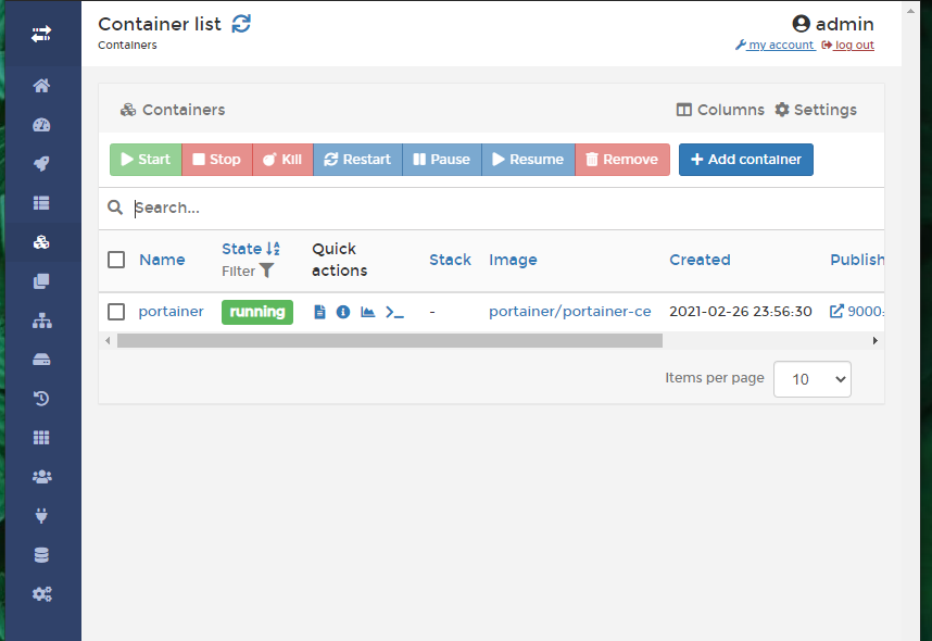 The Portainer Container list