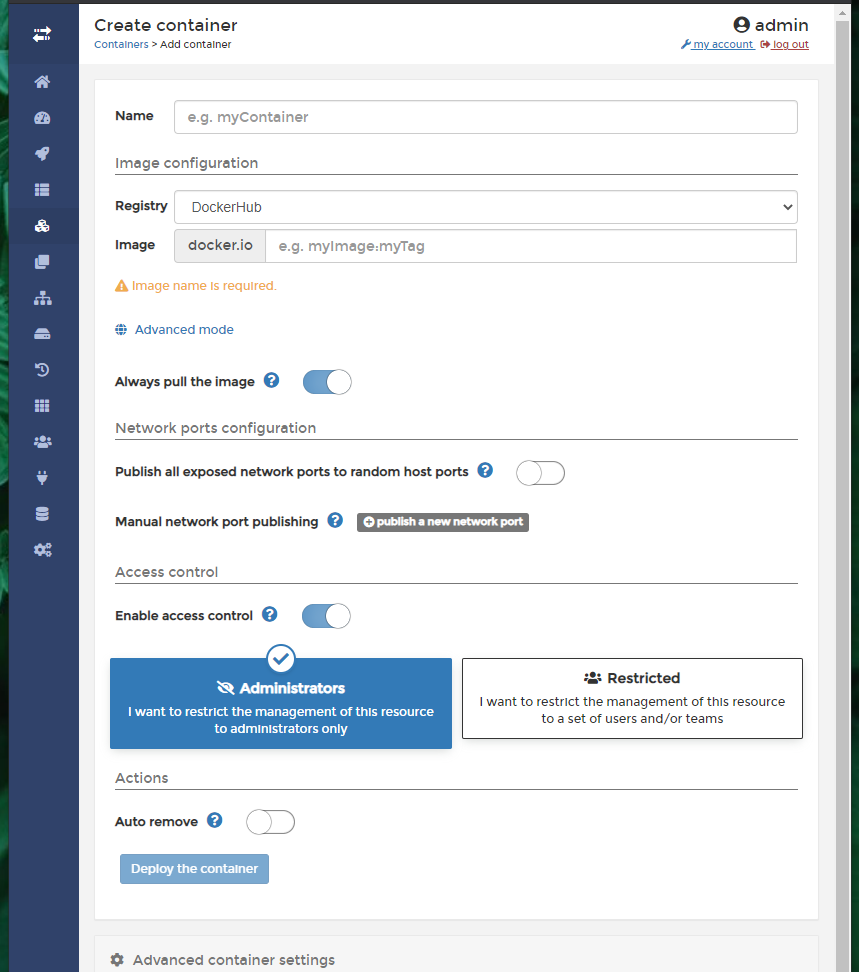 The Portainer Create container dashboard
