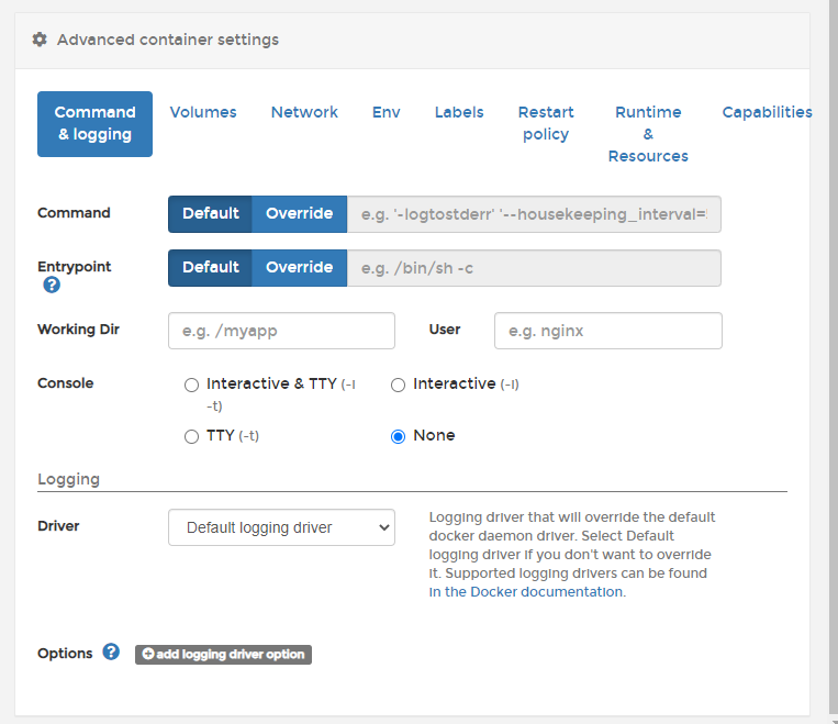 Portainer advanced container settings
