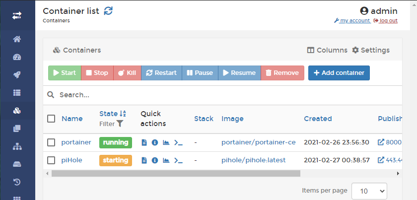 Portainer starting container