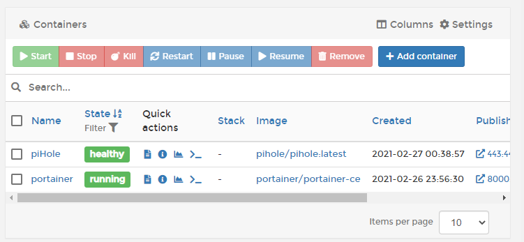 Portainer PiHole service running