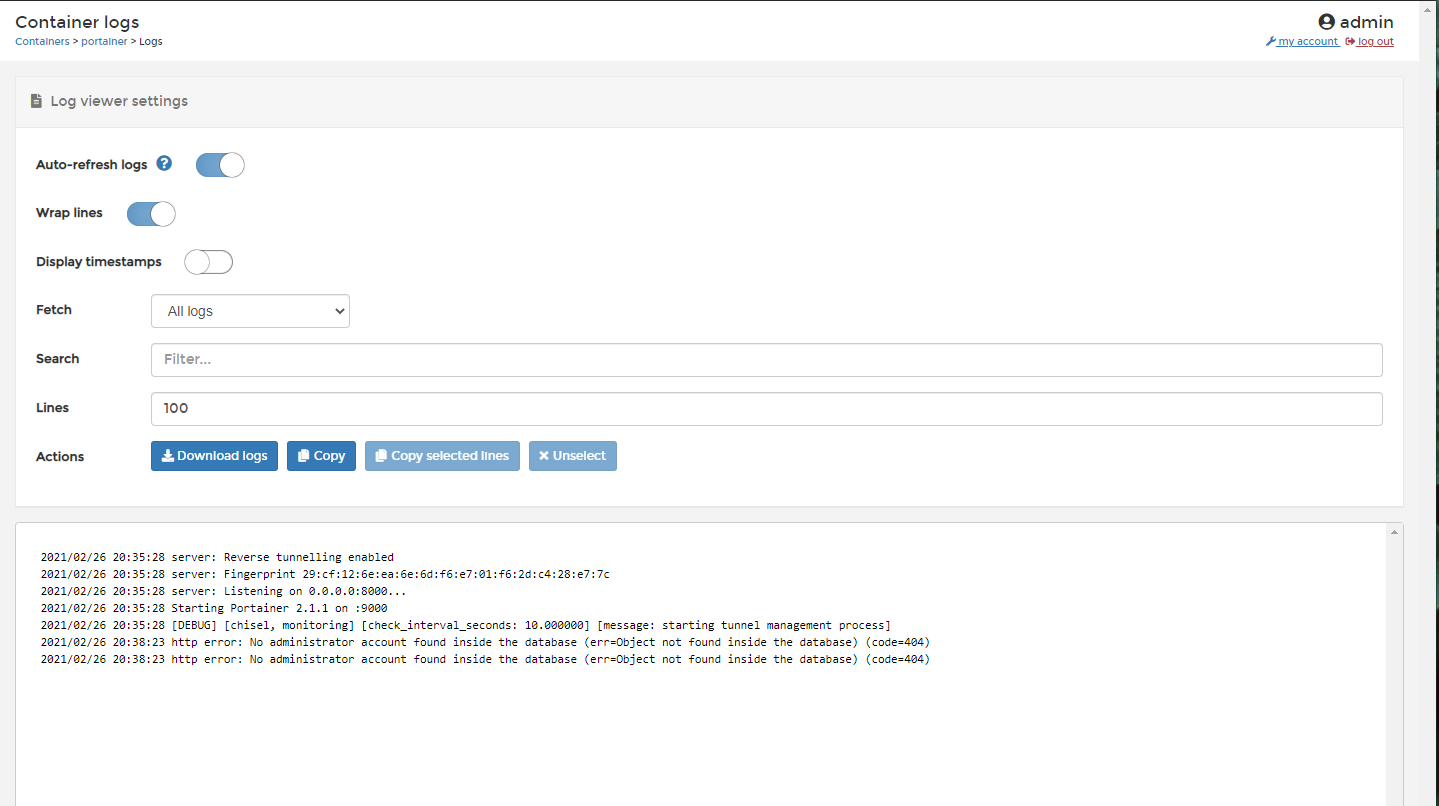 Portainer showing container logs