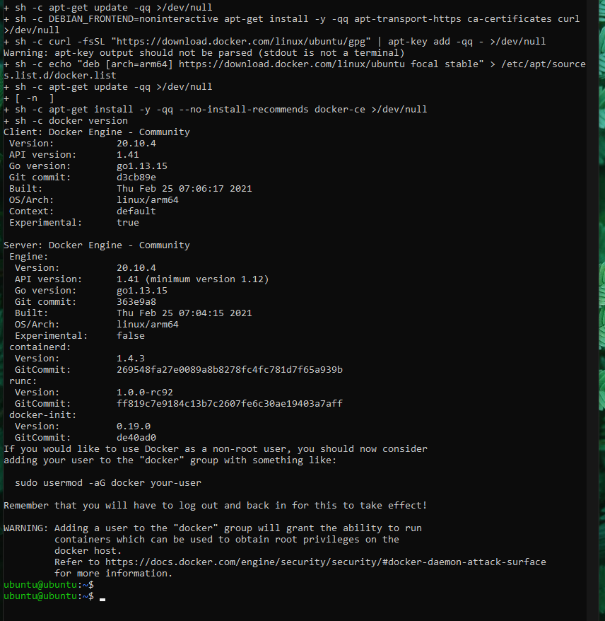Docker convenience script install output